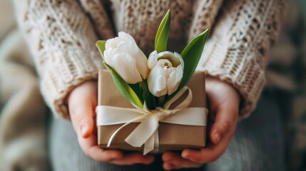 A beautiful gift box with a ribbon and white tulips  AI generated illustration