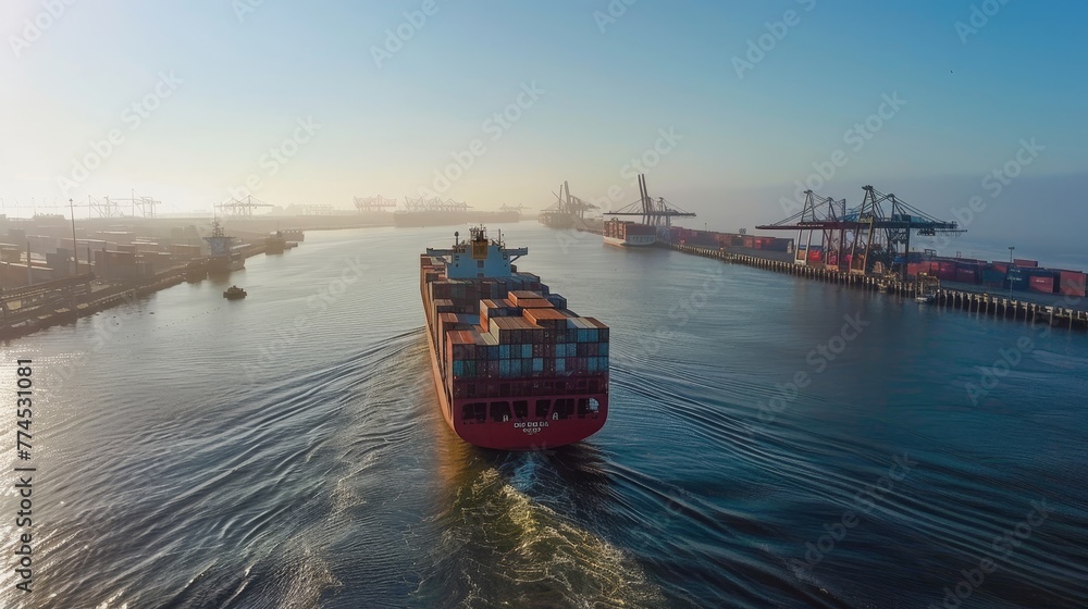 Poster a container ship navigating through busy port waters ai generated illustration