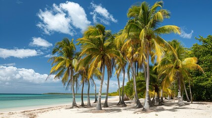 Obraz premium A cluster of palm trees on a sandy beach AI generated illustration