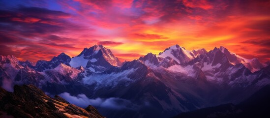 The majestic peaks of a mountain range are silhouetted against a colorful and dramatic sky with scattered clouds