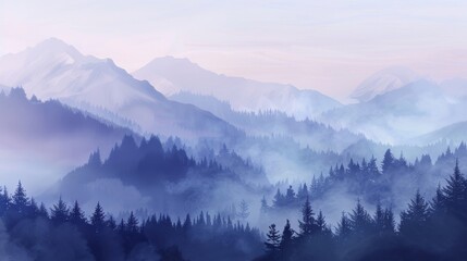 A dreamy depiction of a foggy morning in the mountai  AI generated illustration