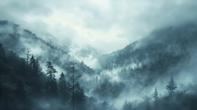 A dreamy depiction of a foggy morning in the mountai  AI generated illustration