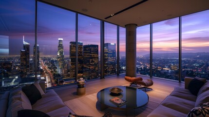 beautiful view of downtown Los Angeles from a luxury apartment at night