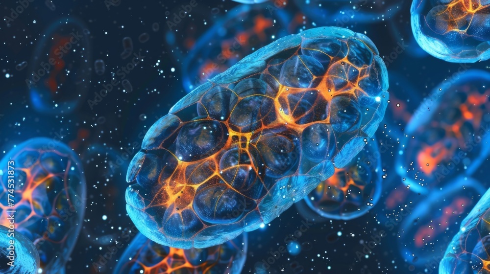 Poster a magnified view of a mitochondrion under a microscope showing its inner matrix filled with small ro