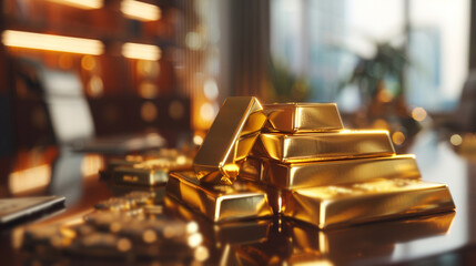 pile of gold on work desk in office. investment and wealth concept