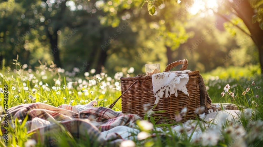 Aufkleber enjoy a peaceful afternoon in the park surrounded by vibrant meadows and a charming picnic setup com