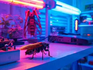 Electric blue room, cicada on a sleek modern desk, neon light, futuristic vibe