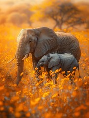 Mother elephant, calf amidst gold wildflowers, warm light, side view, serene savanna