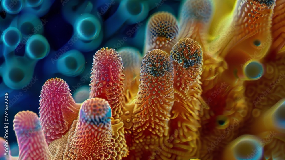 Poster a microscopic view of a spore structure releasing its contents a cloud of miniscule spores drifting 