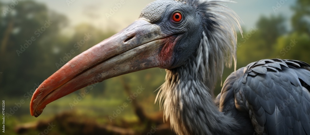 Poster a unique bird called an araffe is depicted with a distinctive long beak and a striking red eye in th