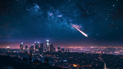 beautiful night view of the city of Los Angeles falling a meteorite or shooting star - obrazy, fototapety, plakaty