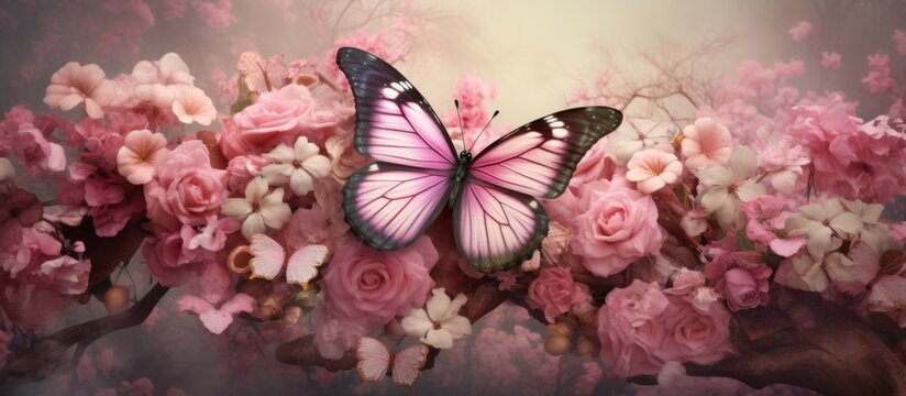 A delicate pink butterfly rests on a branch adorned with pink blossoms in full bloom