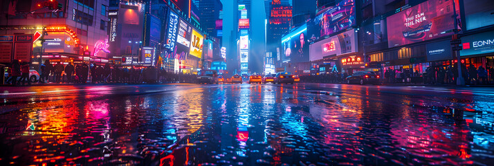 A bustling street under the neon glow of city lights,
On a rainy night witness the mesmerizing reflection