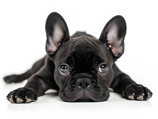 Fototapeta premium Cute and adorable black french bulldog lying his head on the floor isolated on white background, front view.