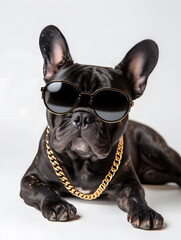 Cute and adorable black french bulldog wearing sunglasses and gold chain on white background, crazy rich glamour image.