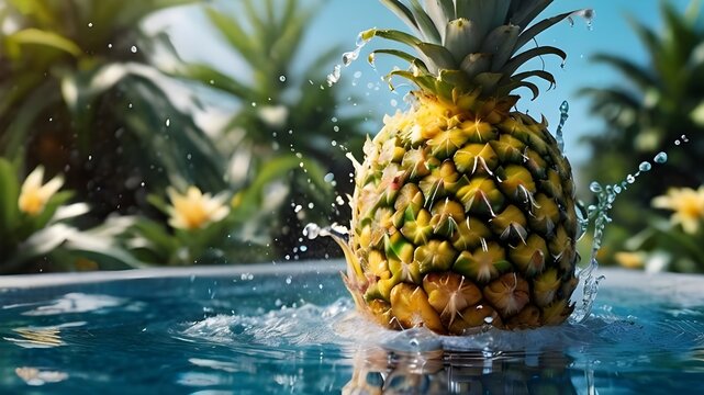 Pineapple on the beach, floating in water, surrounded by tropical freshness 