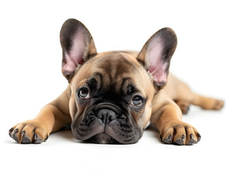 Cute and adorable french bulldog lying his head on the floor isolated on white background, front view. - Powered by Adobe