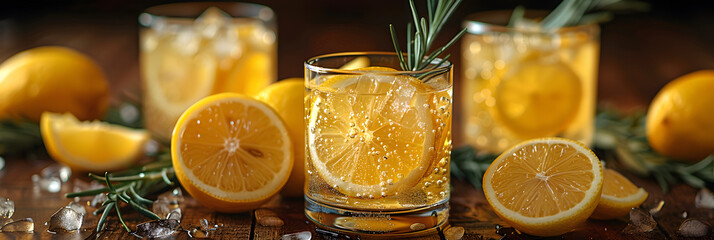 A close-up glass of lemonade surrounded by lemons,
Orange juice or cocktail with rosemary and orange with ice in glass