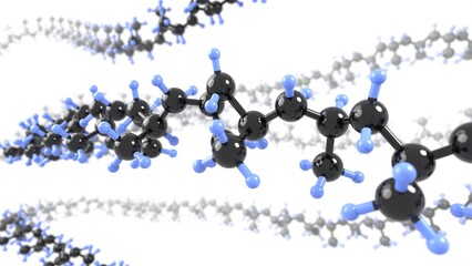 plastic polymer molecular structure 3d representation. Can be used to represent a macromolecule chemical structure, polymerization process or plastic manufacturing and recycling