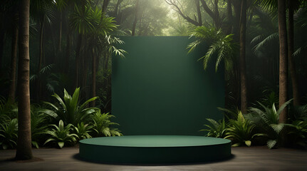 empty table top wood counter podium on grass tropic forest jungle plant blurred dark green background.generative.ai - obrazy, fototapety, plakaty