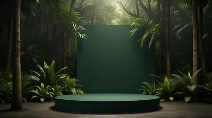 Fotobehang empty table top wood counter podium on grass tropic forest jungle plant blurred dark green background.generative.ai © Waqar