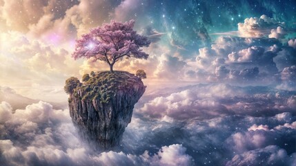 Fantasy landscape with a lonely tree in the middle of the clouds.