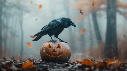 Fototapeta premium A crow sits atop a pumpkin in a dark forest, creating an eerie Halloween scene