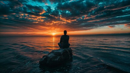Man meditating on a rock in the sea at sunset or sunrise - obrazy, fototapety, plakaty
