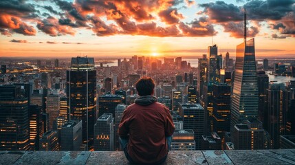 Man sitting on the top of a building looking at the sunset