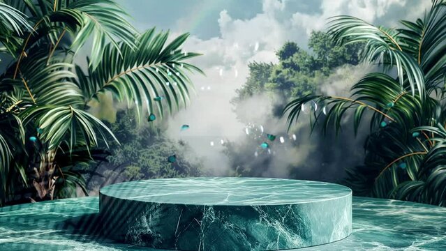 Green marble podium and tropical plants. Mock-up, 3D Rendering