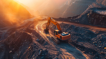 A large orange and yellow excavator is in a rocky area. The sun is shining on the machine, making it look even more impressive - obrazy, fototapety, plakaty