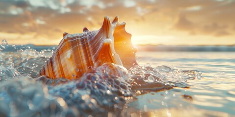 Tranquil seascape with a conch shell in warm sunlight, evoking peace and serenity. Perfect for relaxation or meditation projects, this calming image transports you to a place of tranquility. - obrazy, fototapety, plakaty