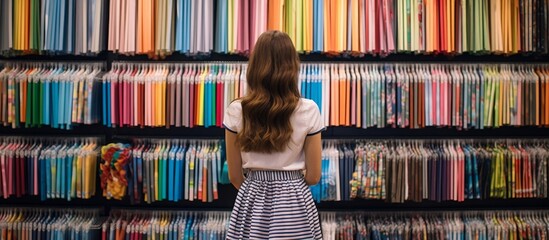 A focused young lady standing in front of a vibrant display of folders hung on a wall, examining the colors and organization - obrazy, fototapety, plakaty