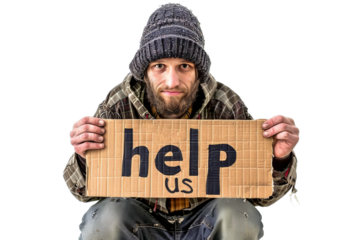 Homeless Man with Sign "Help Us"