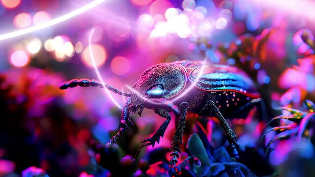 Mini biomimetic robot beetle in neon forest, 3d render looping video