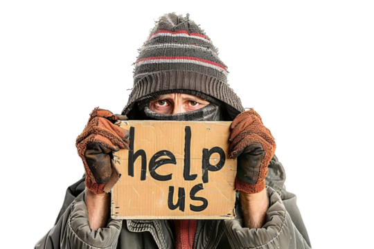 Homeless Man with Sign "Help Us"