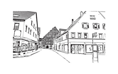 Print Building view with landmark of Reutlingen is a city in Germany. Hand drawn sketch illustration in vector.