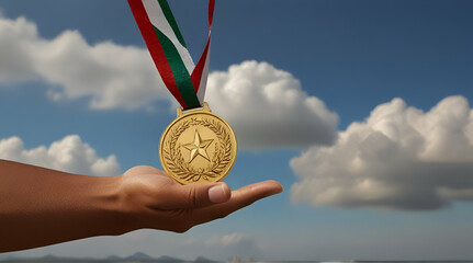 Gold medal held in athlete hand raised against sky.generative.ai