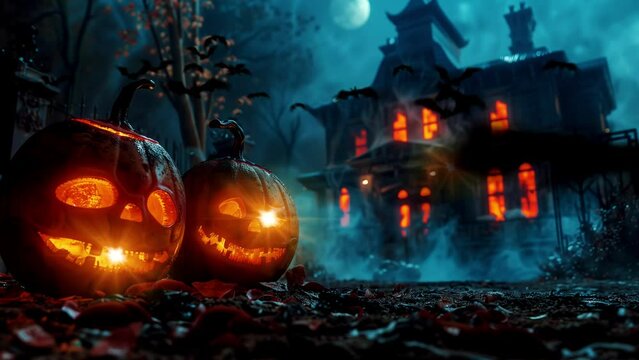 Scary Halloween pumpkins and a haunted house at night. Scary Halloween background