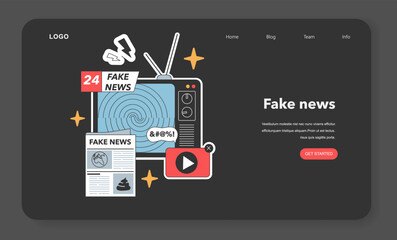 Old-fashioned television broadcasts swirling fake news, accompanied by a deceptive newspaper and misleading video icon. Flat vector illustration - 774535017