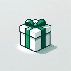緑色のリボンのついたプレゼントの箱のイラスト。シンプルな背景にプレゼントがひとつ置かれている