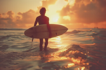 Young Surfer Looking Out to Sea at Sunset - obrazy, fototapety, plakaty