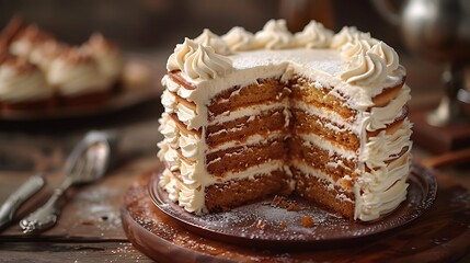 Delve into the intricate layers of a towering layer cake, where fluffy sponge and rich frosting come together in a symphony of flavor and texture. - obrazy, fototapety, plakaty