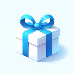 青いリボンのついたプレゼントの箱のイラスト。シンプルな背景にプレゼントがひとつ置かれている