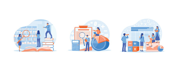 People looking for document. Examines the bill using a magnifying glass. Accountants prepare company bookkeeping reports. Accounting concepts. Set flat vector illustration.