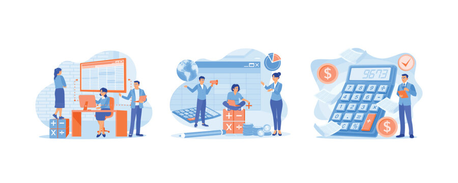 The accountant fills in the balance sheet on the computer. Prepare financial reports. Financial managers calculate company finances. Accounting concepts. Set flat vector illustration.
