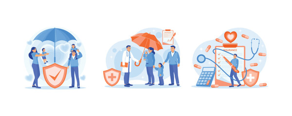 Fototapeta premium The family stands under the insurance umbrella. Doctors provide health insurance to patients. People filling out health insurance paperwork. Health Insurance concept. Set flat vector illustration.