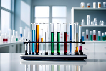 There are many  medical  test tube  neatly arranged  on  the   white table,   laboratory environment