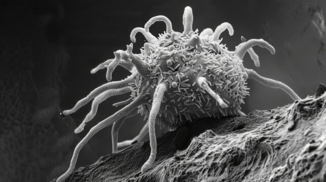 A scanning electron micrograph of a macrophage a type of white cell shown with its tentaclelike protrusions engulfing foreign particles
