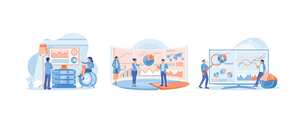 The business team develops a business strategy. The manager leads the presentation meeting. Businessman analyzing office financial charts. Data Analysis Concept. Set flat vector illustration.
